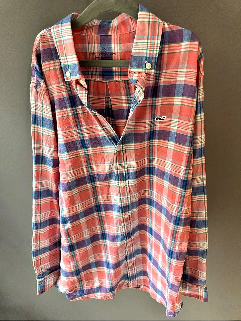 Vineyard Vines Boys Plaid Button Down Shirt Coral Blue M 12-14